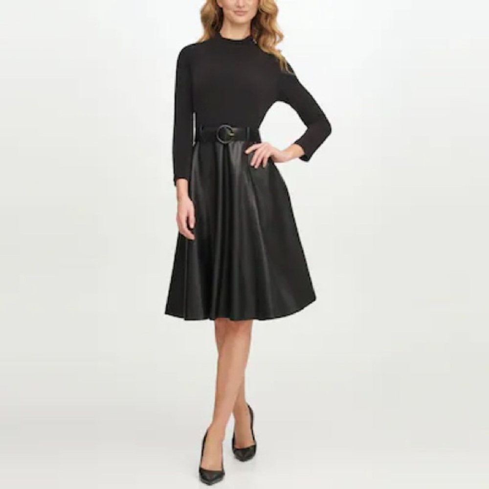 Calvin Klein (8) Black Faux Leather A Line Mock Neck Belted Midi Dress